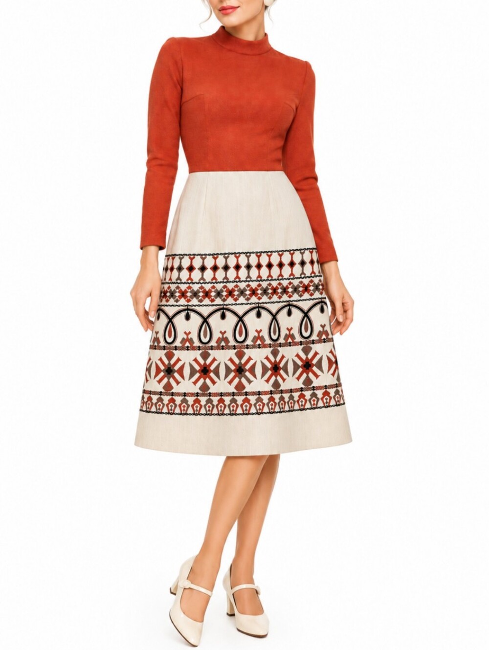 Vintage 60s Mod Gogo Dress S Colorblock Mock Neck Fall Novelty Print Folkloric